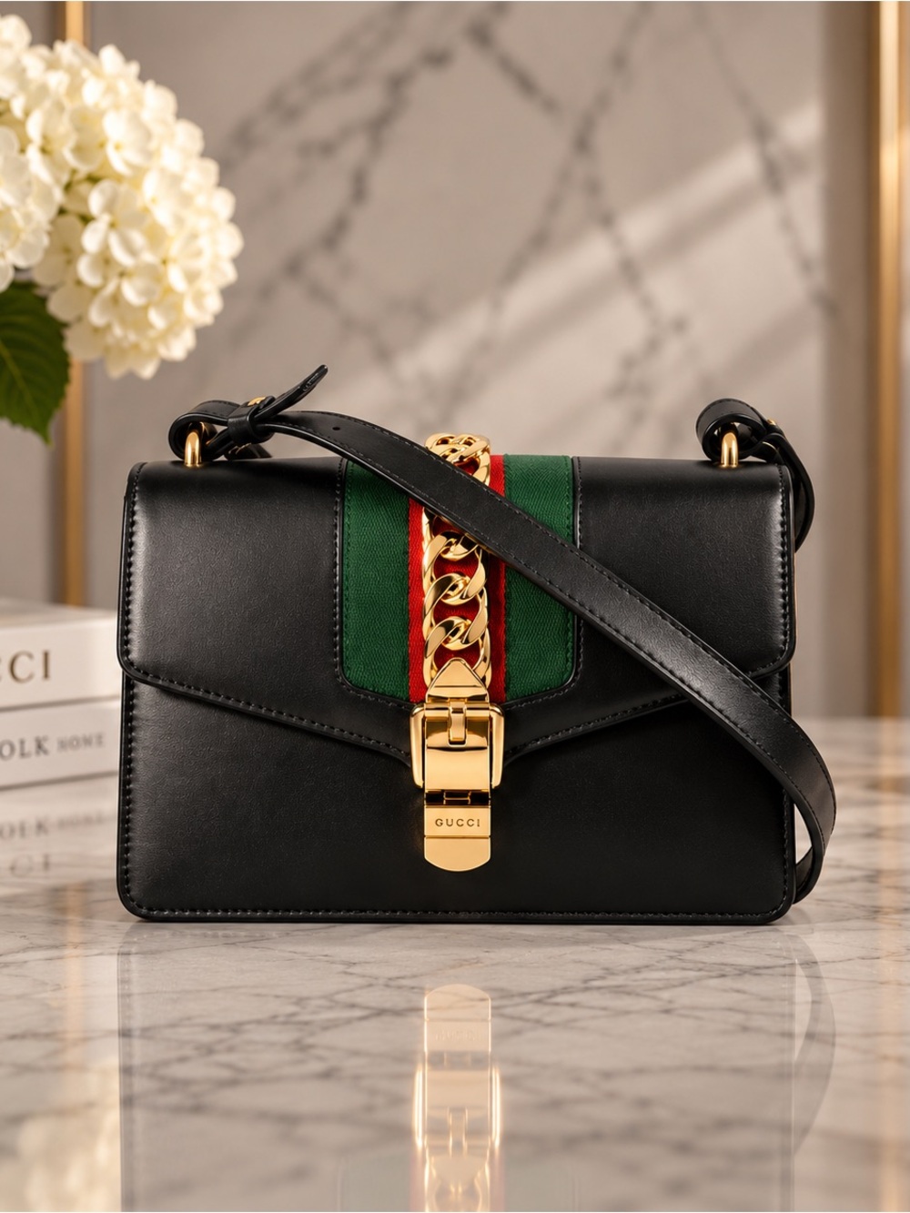 Gucci Sylvie Small Web Leather Shoulder Bag Black Full Inclusion